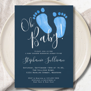 Modern Oh Baby Boy Navy Blue Baby Shower Invitation