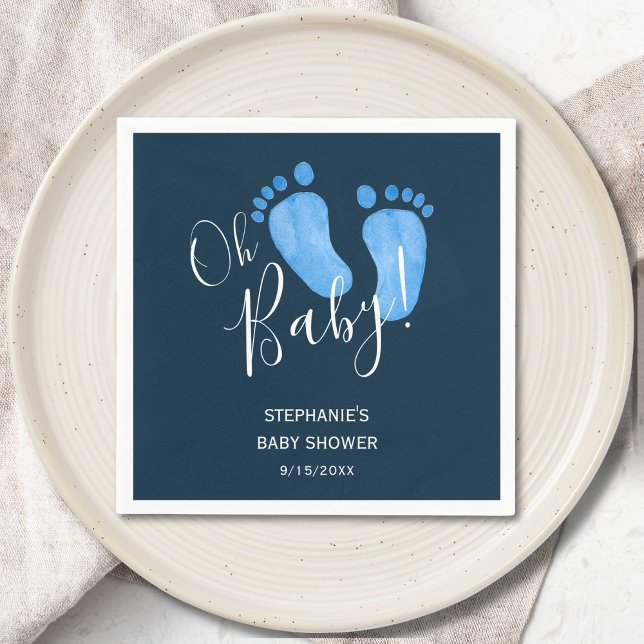 Modern Oh Baby Boy Navy Blue Baby Shower Napkin (Creator Uploaded)
