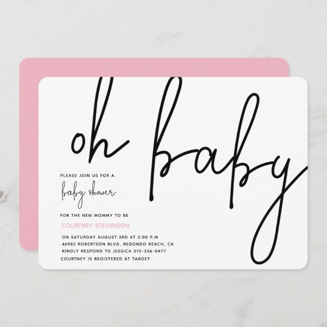 Modern Oh Baby Invitation Pink (Front/Back)