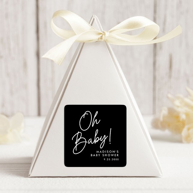 Modern Oh Baby Script Black and White Baby Shower Square Sticker (Creator Uploaded)