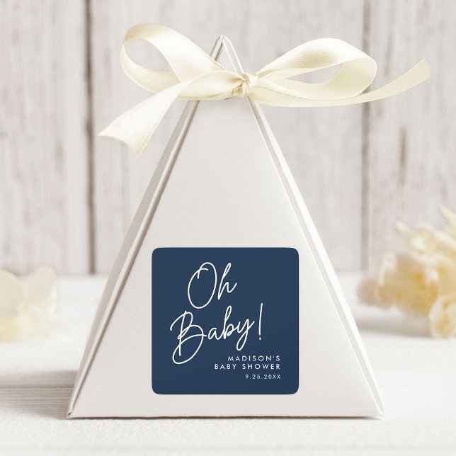 Modern Oh Baby Script Navy Baby Shower Square Sticker (Creator Uploaded)