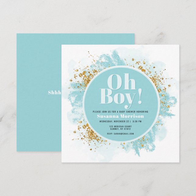 Modern Oh Boy Baby Shower Glitter Invitation (Front/Back)