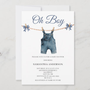 Modern Oh Boy Blue Overalls Baby Shower  Invitation