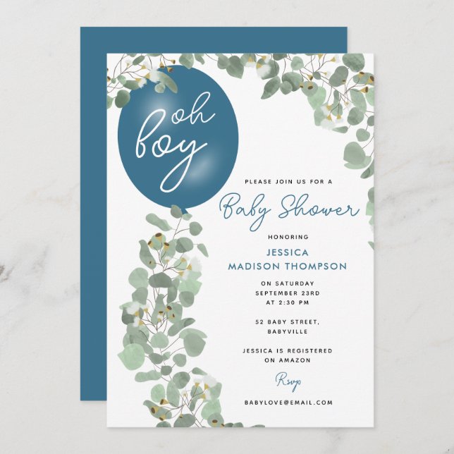 Modern Oh Boy Eucalyptus Blue Balloon Baby Shower Invitation (Front/Back)