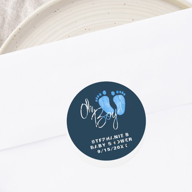 Modern Oh Boy Navy Blue Baby Shower Classic Round Sticker (Creator Uploaded)