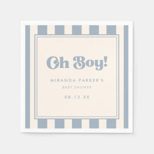 Modern "Oh Boy!" Retro Blue Striped Baby Shower Napkin