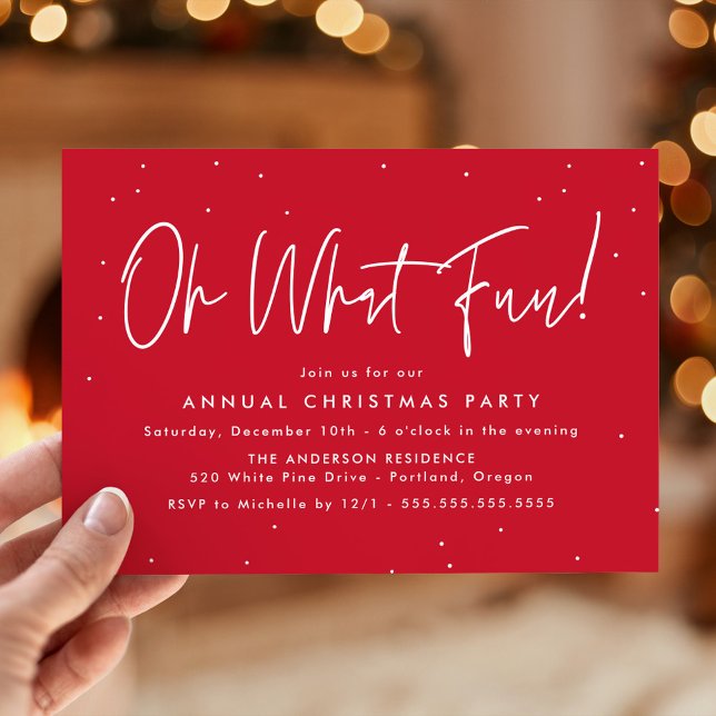 Modern Oh What Fun Script Red Holiday Party Invitation (Creator Uploaded)