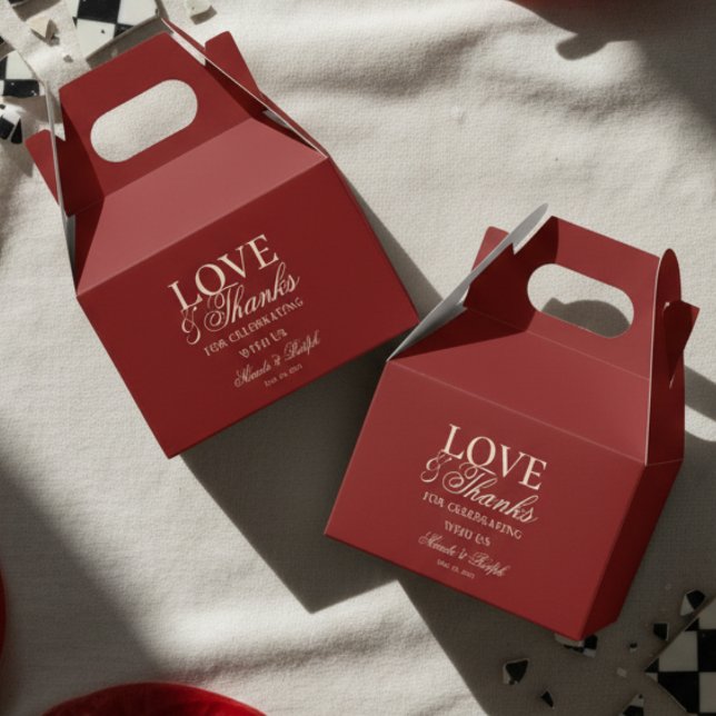 Modern Old Money Bold Red Love and Thanks Wedding  Favour Box (Send guests home with gratitude and style using this Old Money Bold Red Wedding Favor Box!)