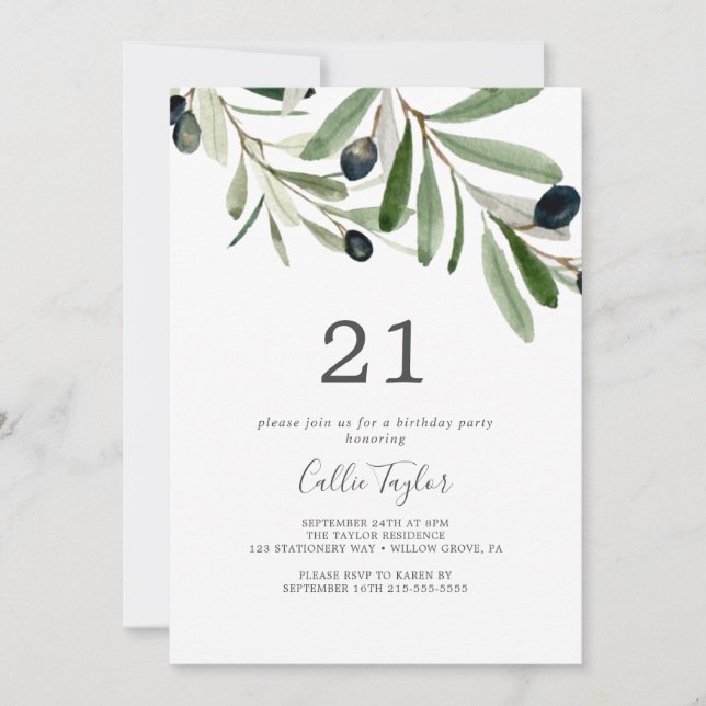 Modern Olive Branch 21st Birthday Party Invitation (Front)