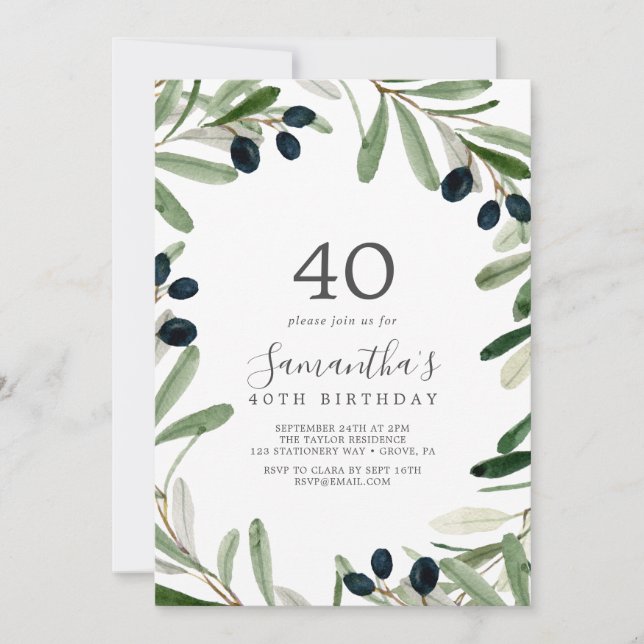 Modern Olive Branch 40th Birthday Invitation (Front)