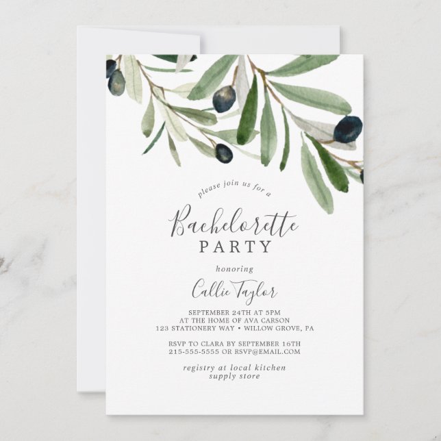 Modern Olive Branch Bachelorette Party Invitation (Front)