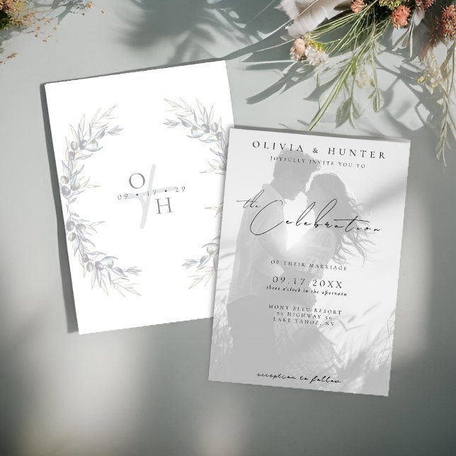 Modern Olive Branch Black and White Photo Wedding  Invitation (Creator Uploaded)