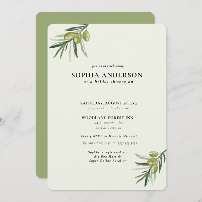 Modern Olive Branch Bridal Shower Invitation (Front/Back)