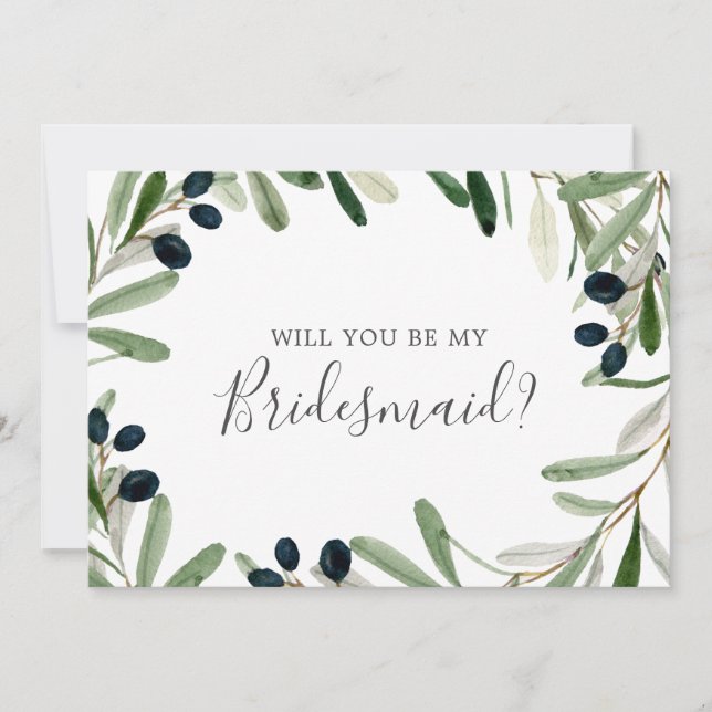 Modern Olive Branch Bridesmaid Proposal Card (Front)