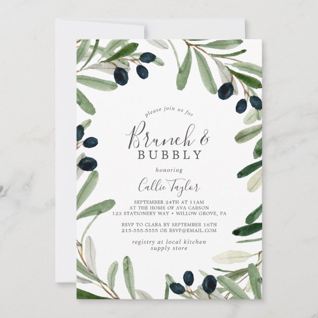 Modern Olive Branch Brunch & Bubbly Bridal Shower Invitation (Front)