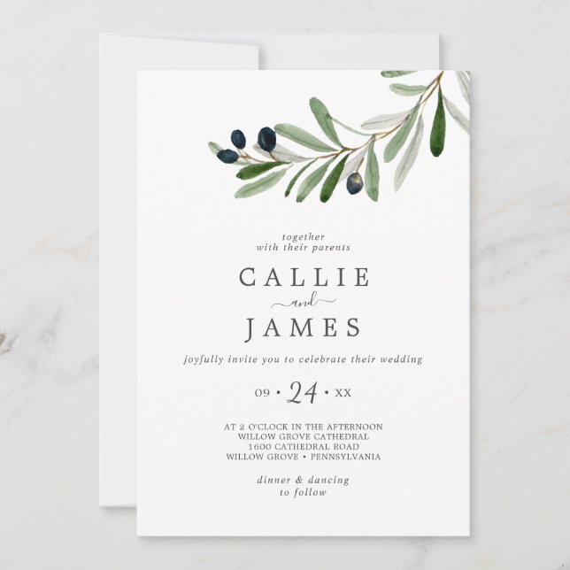 Modern Olive Branch Casual Wedding Invitation (Front)