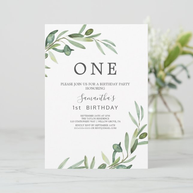 Modern Olive Branch First Birthday Party  Invitation (Standing Front)