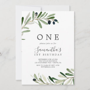 Modern Olive Branch First Birthday Party Invitation