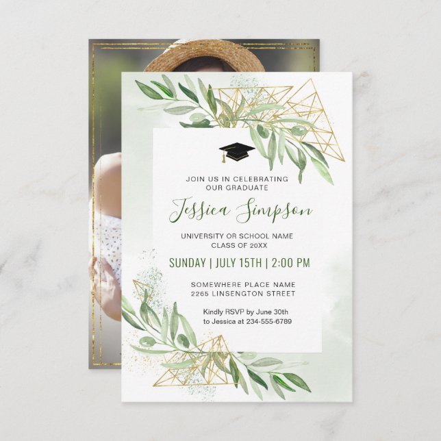 Modern Olive Branch Greenery Photo Graduation Invitation (Front/Back)