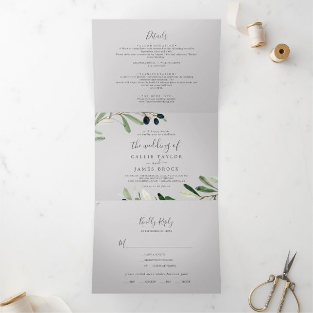 Modern Olive Branch Grey Photo Wedding All In One Tri-Fold Invitation (Inside)