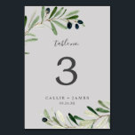 Modern Olive Branch | Grey Table Number<br><div class="desc">This modern olive branch grey table number is perfect for a boho wedding. The rustic yet elegant design features simple watercolor botanical green leaves and black olives on a small branch with a classic mediterranean feel. The card prints on the front and back (double-sided). Items are printed exactly as they...</div>