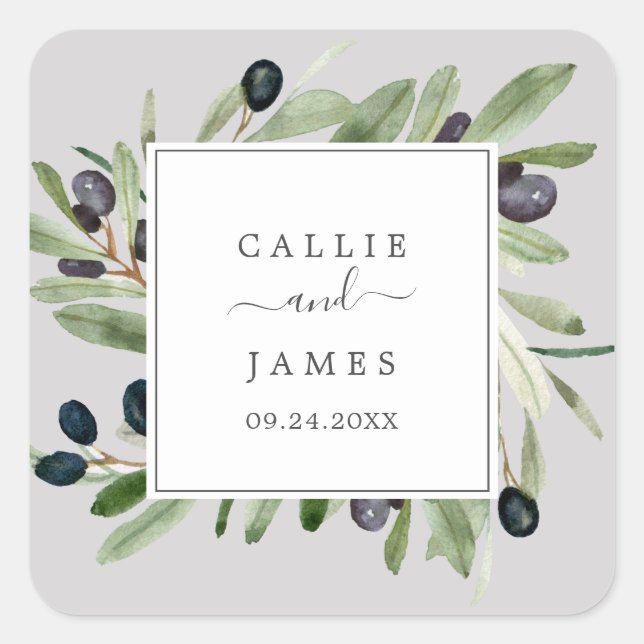 Modern Olive Branch | Grey Wedding Envelope Seals (Front)