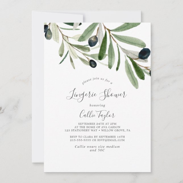 Modern Olive Branch Lingerie Shower Invitation (Front)