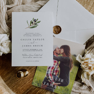 Modern Olive Branch Photo on the Back Wedding Invitation