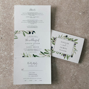 Modern Olive Branch Photo Wedding All In One Tri-Fold Invitation