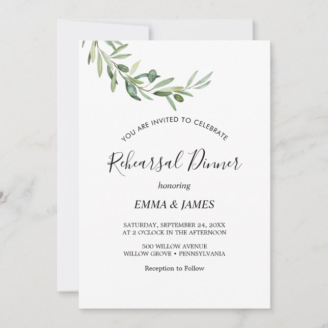 Modern Olive Branch Rehearsal Dinner Invitation (Front)