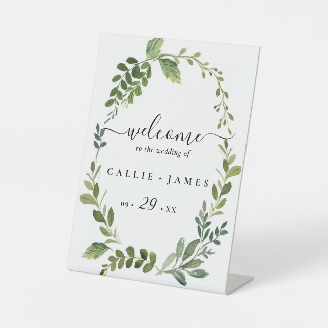Modern Olive Branch Save Date Pedestal Sign (Front)