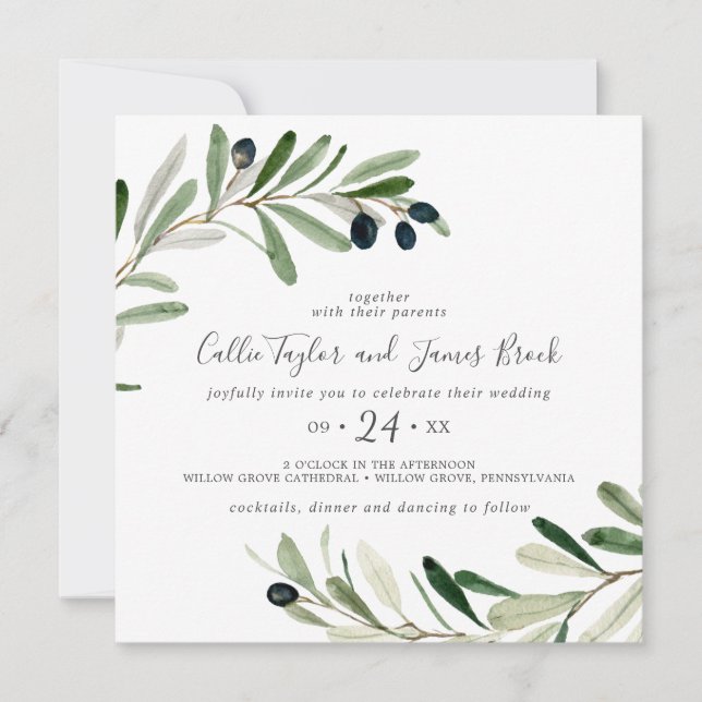 Modern Olive Branch Square Wedding Invitation (Front)