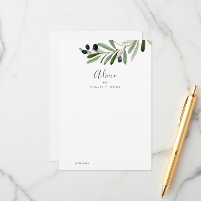 Modern Olive Branch Wedding Advice Card (Front/Back In Situ)