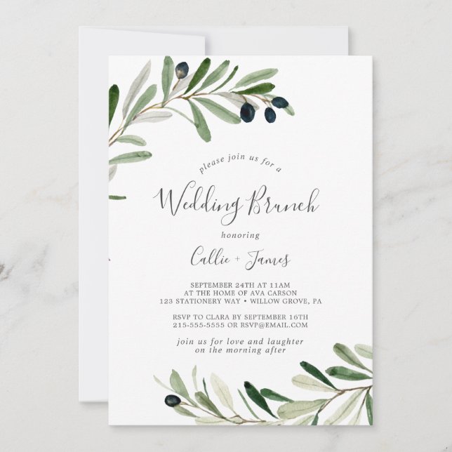 Modern Olive Branch Wedding Brunch Invitation (Front)