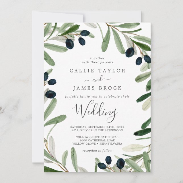 Modern Olive Branch Wedding Invitation (Front)