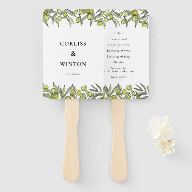 Modern Olive branch wedding program  Hand Fan (Front and Back)