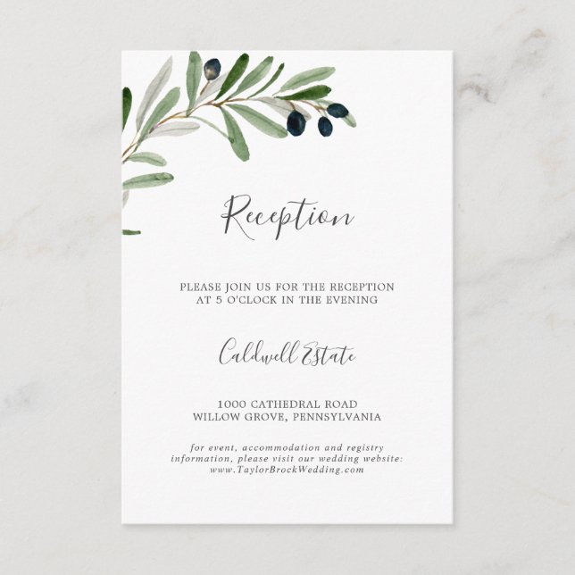 Modern Olive Branch Wedding Reception Insert Card (Front)