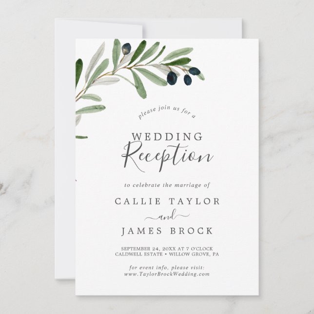 Modern Olive Branch Wedding Reception Invitation (Front)