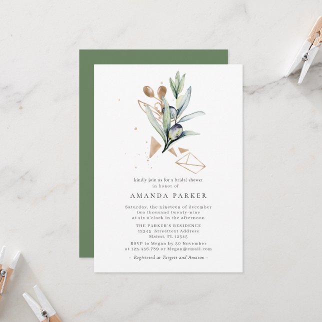 Modern Olive Golden Branch Bridal ShowerInvitation Invitation (Front/Back In Situ)