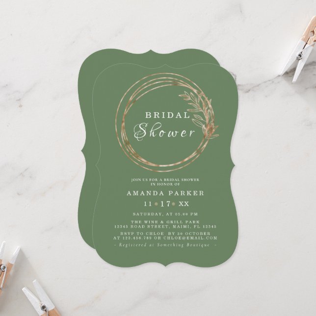 Modern Olive Golden Branch Bridal ShowerInvitation Invitation (Front/Back In Situ)