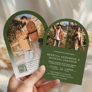 Modern Olive Green Arch Photo QR Code Wedding Invitation