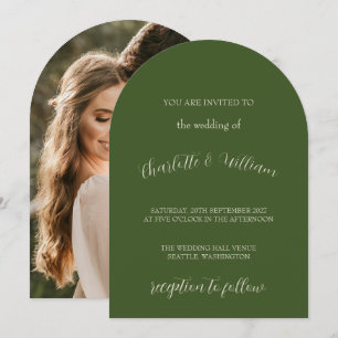 Modern Olive Green Arch Photo Wedding Invitation
