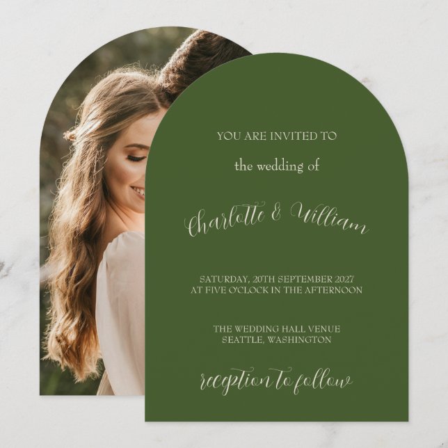 Modern Olive Green Arch Photo Wedding Invitation (Front/Back)