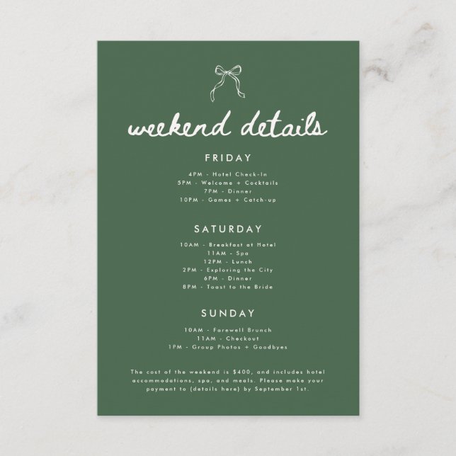 Modern Olive Green Bachelorette Weekend Details Enclosure Card (Front)