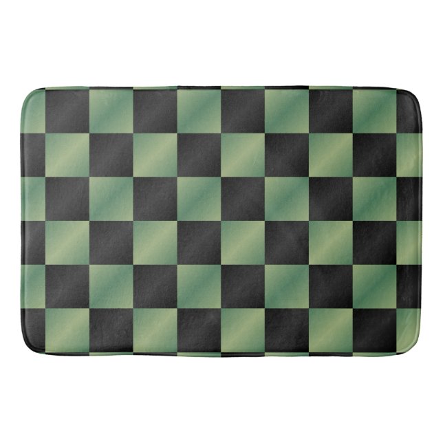 Modern Olive Green Black Gradient Chequered  Bath Mat (Front)