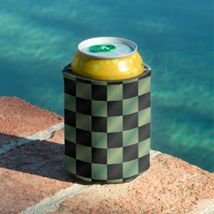 Modern Olive Green Black Gradient Chequered Can Cooler