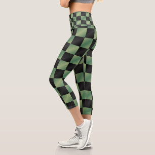 Modern Olive Green Black Gradient Chequered Capri Leggings