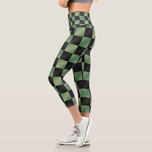 Modern Olive Green Black Gradient Chequered  Capri Leggings (Left)
