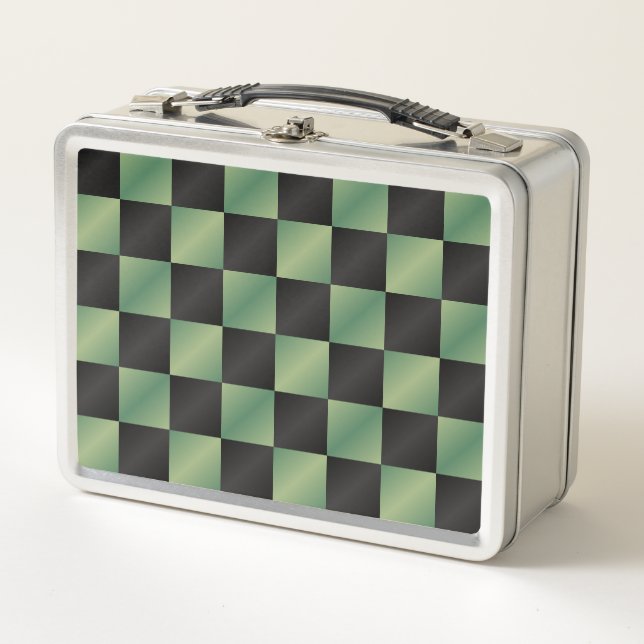 Modern Olive Green Black Gradient Chequered  Metal Lunch Box (Front)