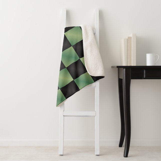 Modern Olive Green Black Gradient Chequered  Sherpa Blanket (In Situ)